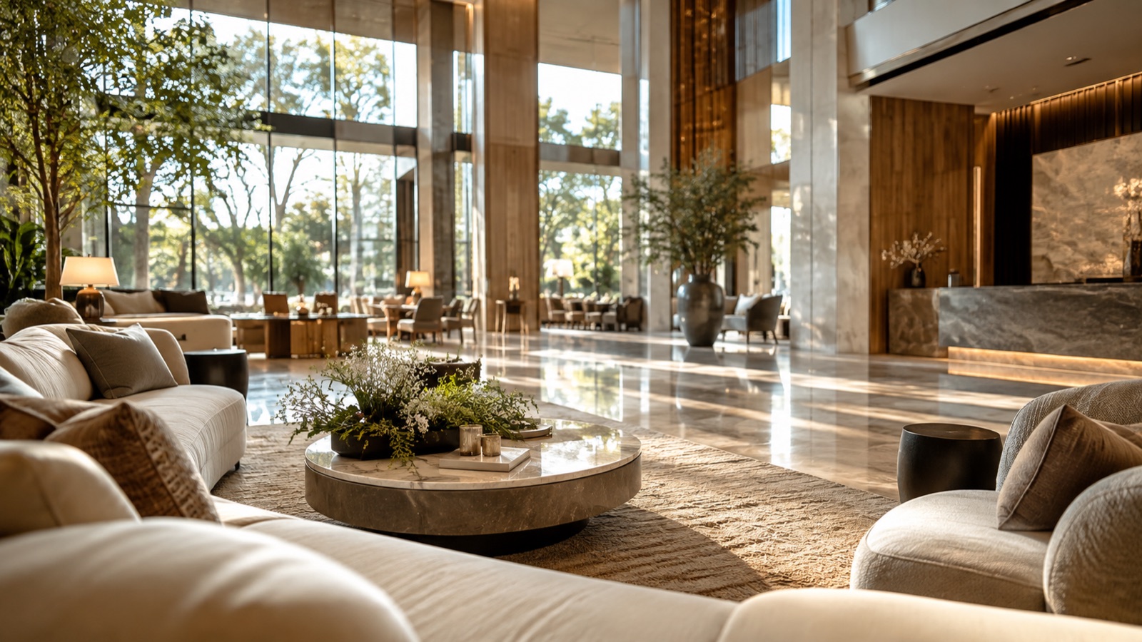 Lobby de un hotel de lujo con luz natural